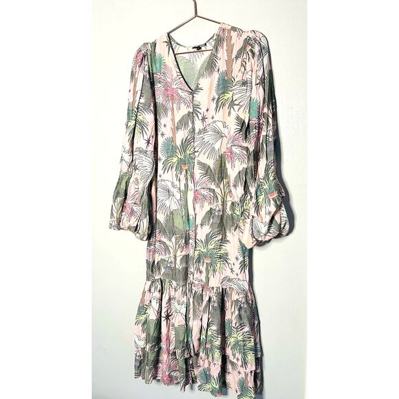 LoboRosa Pink Floral Puff Sleeve Palms Button Front Up Dress Size Large - Picture 2 of 16